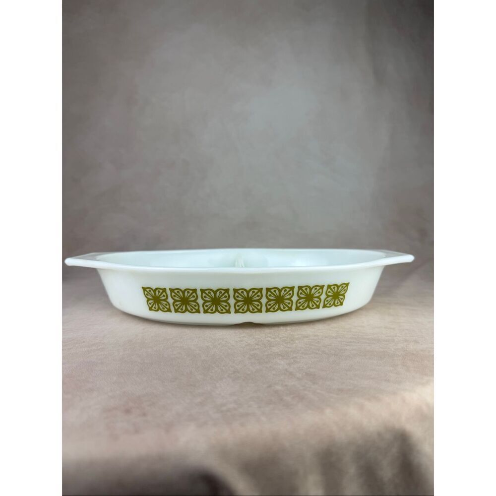 Vintage Pyrex Verde Split Casserole Dish Floral Mod MCM 1970s